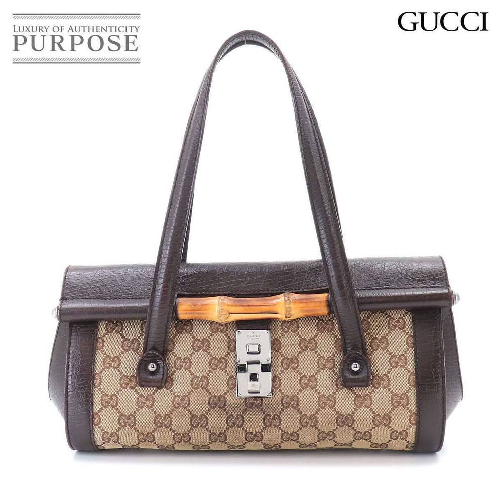 Gucci Bamboo GG Shopper Tote Bag Canvas Leather Beige Brown